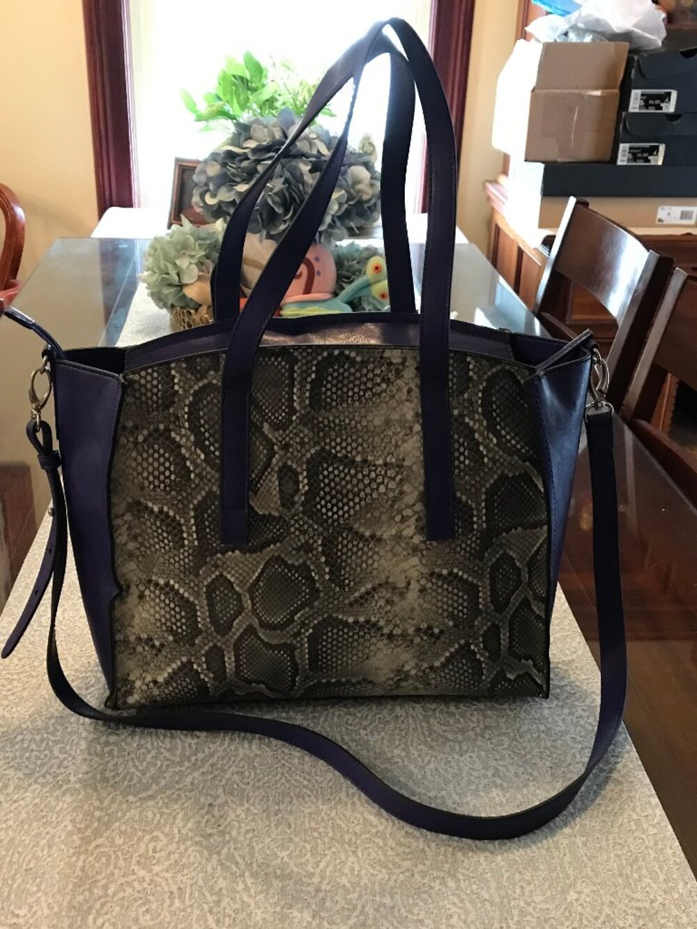 NWOT Adorable Faux Snakeskin Crossbody Tote - Purple Spliced Print